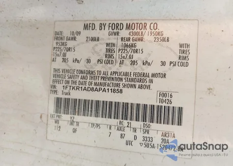 2010 Ford Ranger Xl/Xlt из США, поврежденный, VIN 1FTKR1AD8APA11858